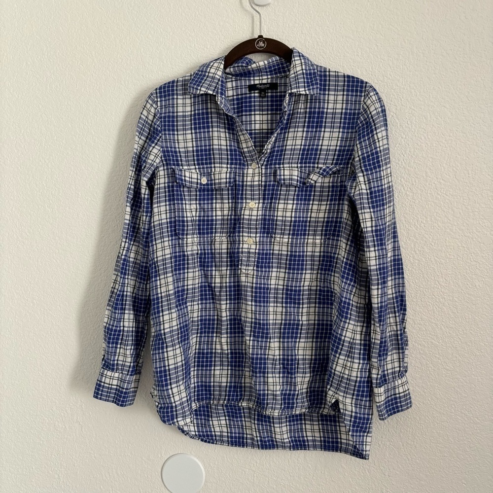 Madewell Women's Size XS Blue/White Plaid Long Sleeve Popover Top